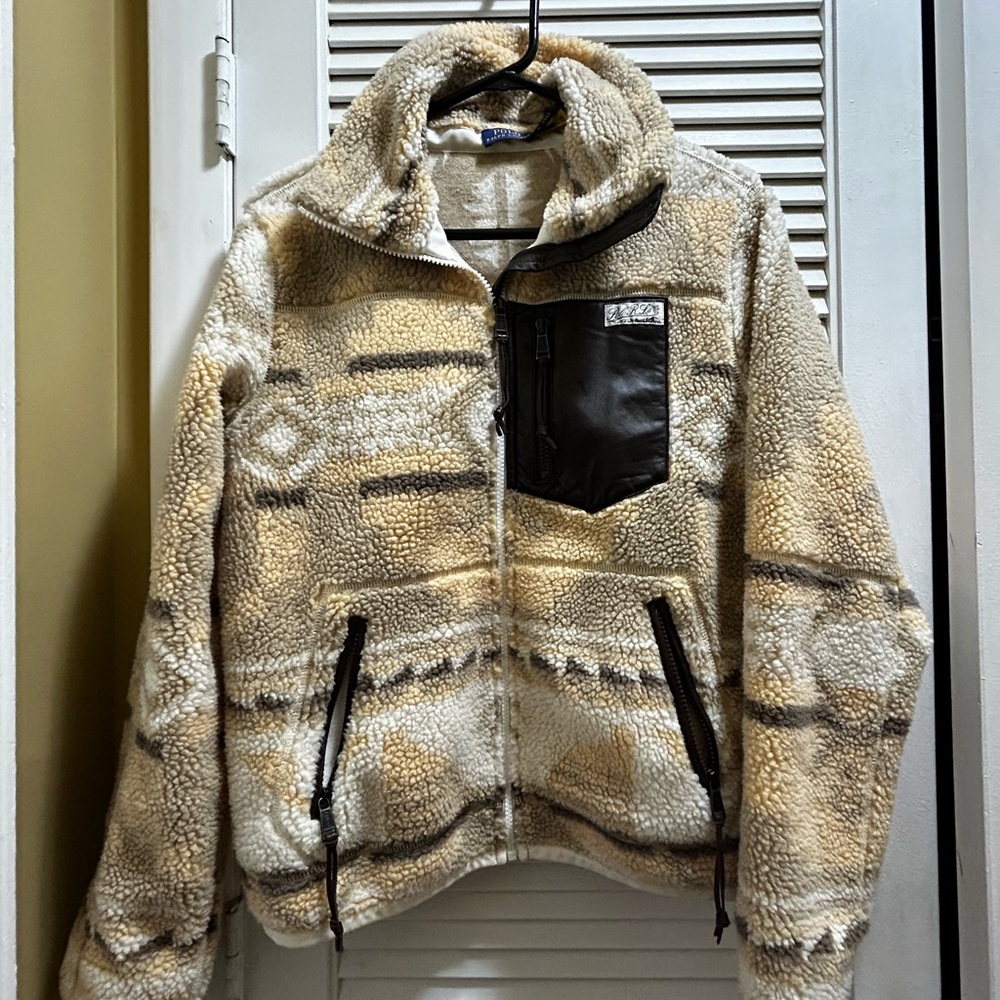 Ralph Lauren Southwestern fleece jacket aztec navajo Indian -Small White/Leather